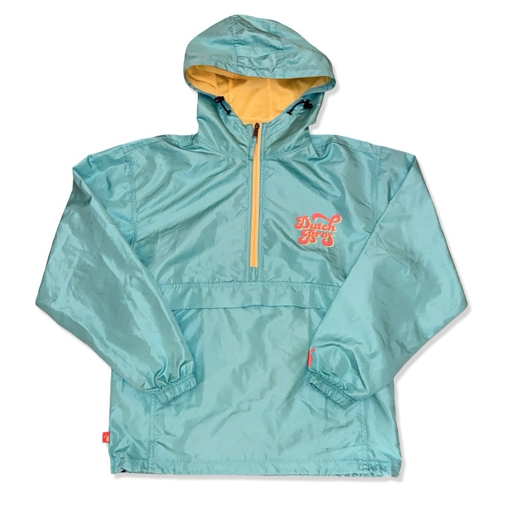 Dutch Bros Retro Windbreaker Jacket Teal Anorak Half Zip Size Small Hooded